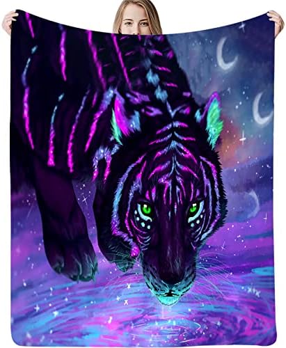 Tiger Blanket for Bed Sofa Couch 3D Wild Animal Print Throw Blanket Wildlife Plush Blanket Galaxy Fuzzy Blanket Chic Purple Blanket