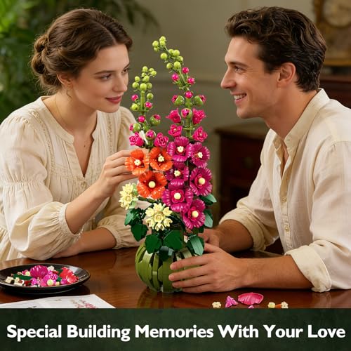 Image of CUBIMANA Flowers Botanicals Alcea Rosea Building Set for Adults, Ages 12+ | Artificial Flowers & Plants for Home Office, Bedroom or Desk Decor, 974PCS Birthday Christmas Housewarming Gift for Women Men