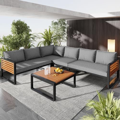 YESGIGA Juego de sofás de jardín para 5-6 personas, moderno juego de muebles de jardín con marco de hierro galvanizado (para 5-6 personas)