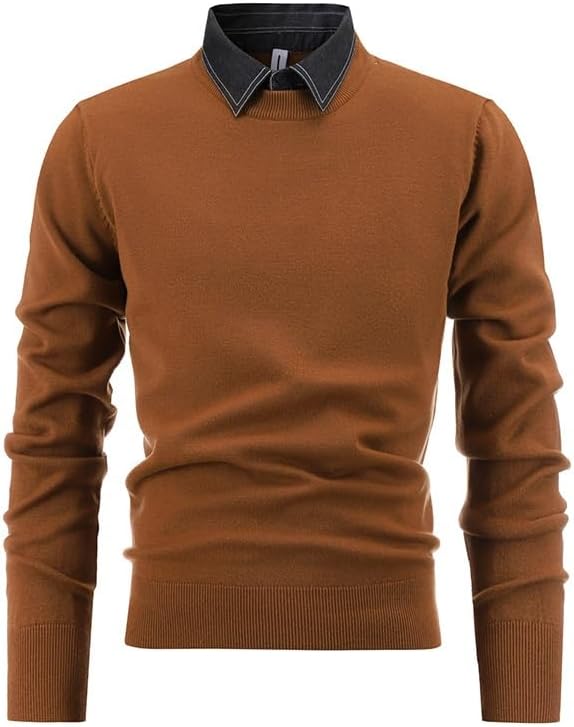 Men's Winter Casual Shirt Collar Sweater Fake Two Piece Knitted