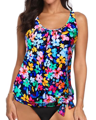 Image of Yonique Womens Blouson Tankini Top Only Loose Fit Swim Top No Bottom Modest Swimsuit
