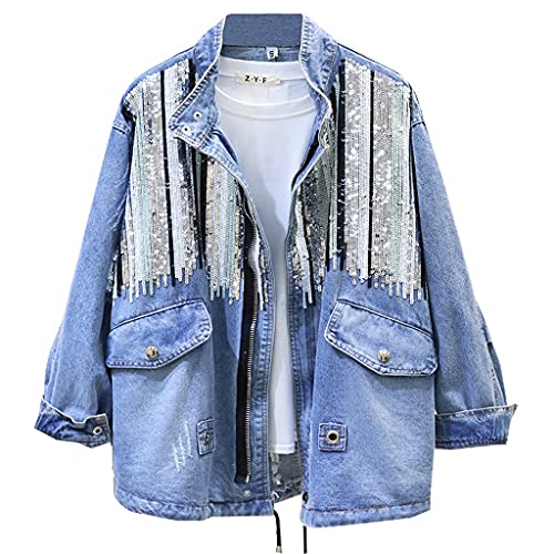 ZZABC NSWT Pailletten Jeansjacke Damen Bomberjacke Mode Lange Ärmel Mäntel Vintage Hippie Jeans Jacke (Color : Blue, Size : L Code)