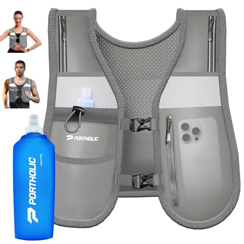 PORTHOLIC Gilet Idratazione per Corsa Uomo e Donna con Borraccia 470ml/17oz | Gilet Rifrangente Regolabile | 6 Tasche | Leggero e Traspirante | per Running, Escursionismo, Trekking