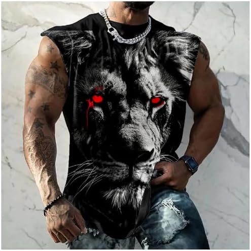 Workout Tank Tops for Men Lion Print Gym Muscle Loose Fit Oversized Casual Funny Sleeve Shirts Crewneck Cotton Retro Novelty Summer Beach Vacation Cool Quick Dry Tops,5XL - 1