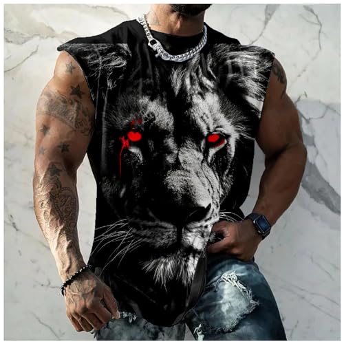 Workout Tank Tops for Men Lion Print Gym Muscle Loose Fit Oversized Casual Funny Sleeve Shirts Crewneck Cotton Retro Novelty Summer Beach Vacation Cool Quick Dry Tops,5XL