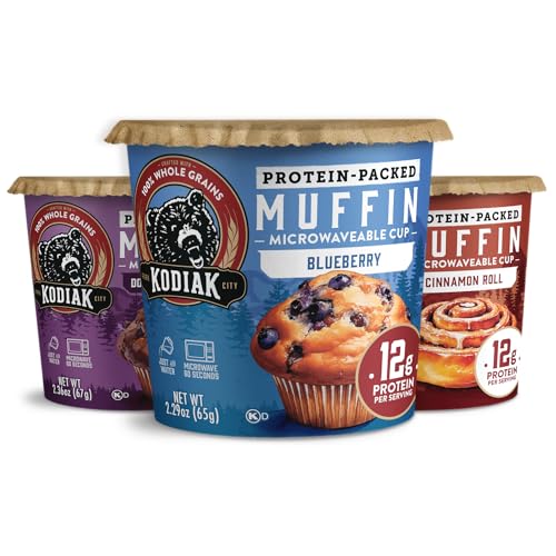 Kodiak Cakes Minute Muffin Cup Variety Pack - 100% Whole Grains, Double Dark Chocolate, Blueberry & Cinnamon Roll, 2.36 oz (Pack of 12)