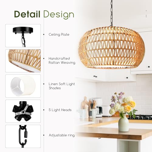 Tadpole Jump 5-Lights Boho Rattan Chandelier for Dining Room, 19" Farmhouse Chandelier Light Fixtures with Fabric Shade, Large Hand Woven Pendant Lighting for Kitchen Island, Living Room by Tadpole Jump - Image 5