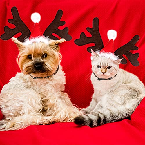 Weihnachten Haustier Stirnband, Hund Katze Rentier Geweih Weihnachtskostüm Elch Kopfbedeckung Verstellbare Kopfschmuck Haarreif mit Weihnachtsmütze, Weihnachts Kostüm Outfit für Hunde Katzen Geschenk