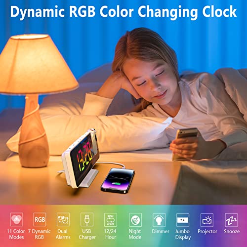 Petilleur Projection Alarm Clock, 180° Projector Alarm Clock On Ceiling, 7.4” Large Mirror Rgb Color Digital Led Display, 5 Level Brightness Dimmer, Dual Alarm Clock For Bedroom Living Room (White) #TOP2