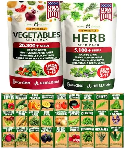 HOME GROWN 70 Variety Vegetable & Herb Seeds 32,000+ USA Non-GMO Heirloom Survival Seeds Garden Kit for Spring, Fall, Winter Indoor & Outdoor Planting Starter Set for Home Gardeners & Preppers