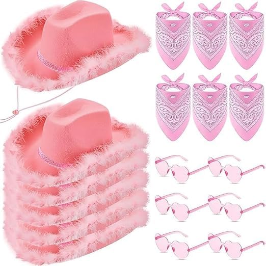 MALLOOM 6 Chapeaux Cowgirl Roses avec 6 Bandanas et 6 Lunettes en Forme de Cœur – Accessoires de Déguisement Western pour Femmes – Fête de Bachelorette