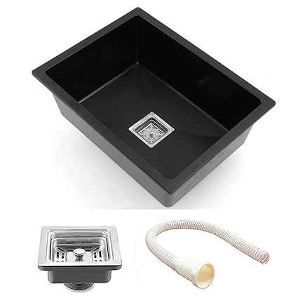Qualito Quartz Kitchen Sink 21x18X9 Black Color With Waste Coupling & Waste Pipe | Sound Proof Single Big Bowl Matt Finish Modern Granite Sink Under Mount/Top Mount/Flush Mount Sink for Kitchen Basin