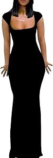 Womens Summer Cap Sleeve Square Neck Elegant Casual Lounge Bodycon Slim Maxi Evening Party Long Dress - Buy now