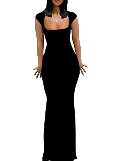 Womens Summer Cap Sleeve Square Neck Elegant Casual Lounge Bodycon Slim Maxi Evening Party Long Dress