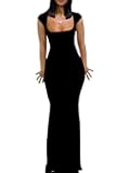 Womens Summer Cap Sleeve Square Neck Elegant Casual Lounge Bodycon Slim Maxi Evening Party Long Dress