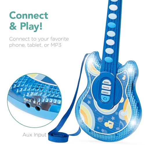 Best Choice Products 19in Kids Toy Guitar, Pretend Play Musical Instrument Toy for Toddlers w/Mic, Stand, 8 Demo Songs, Lights & Sounds - Soft Blue - Image 5