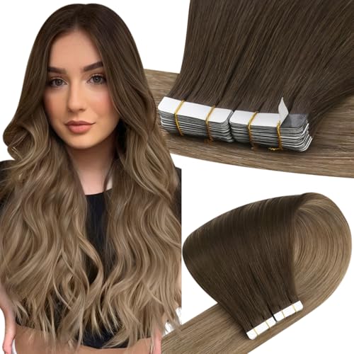 Easyouth Balayage Tape in Hair Extensions Human Hair Ombre Brown Tape in Human Hair Extensions Tape ins Balayage Brown to Blonde Tape Extensions Real Human Hair 22 Inch 50g 20Pcs