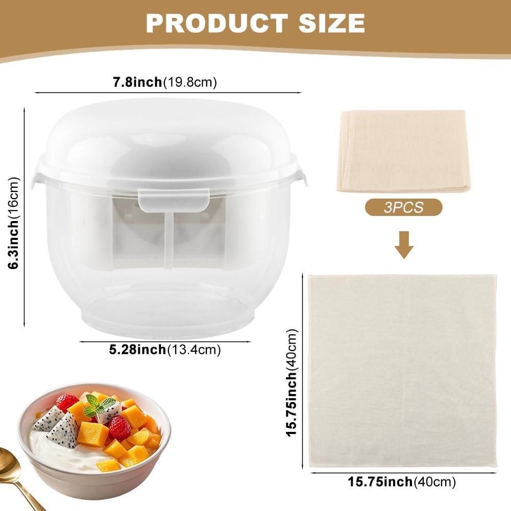 Greek Yogurt Maker with Ultra Fine Mesh Strainer, Greek Yogurt Strainers with Lid & 3 Filter Cloth, Dishwasher Safe Storage Container for Making Paneer, Kefir, Tofu, Cheese