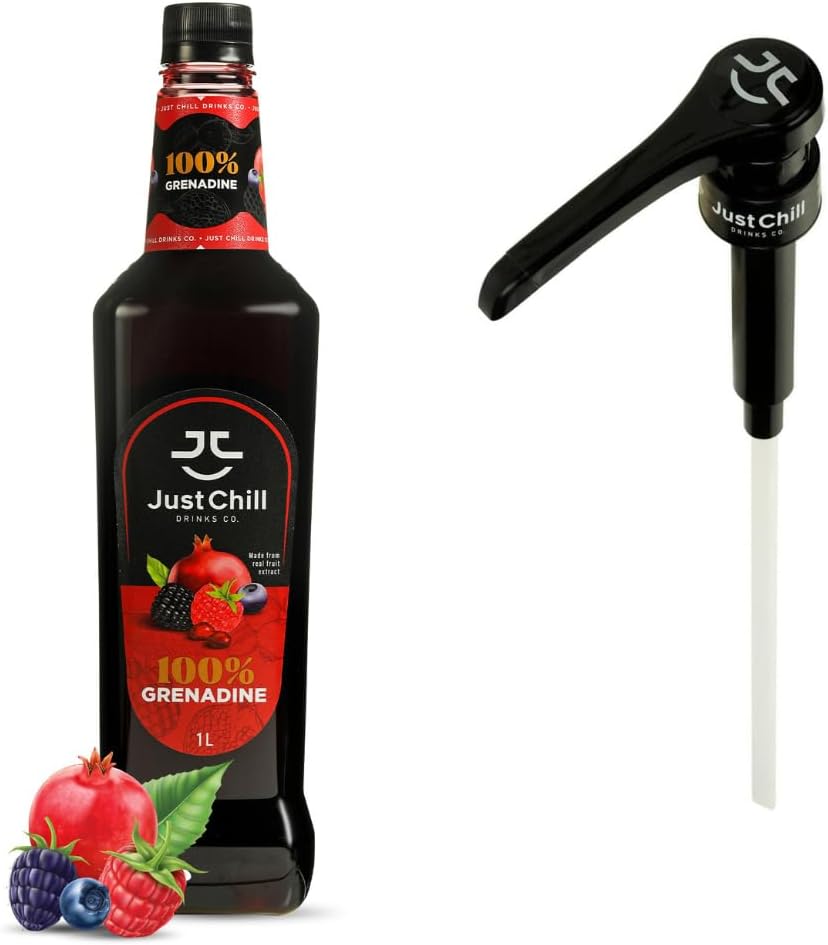 Just Chill Drinks Co. Grenadine Syrup, Made From 100% Real Fruit Extract, 1 Litre + Syrup Pump 10ml Combo