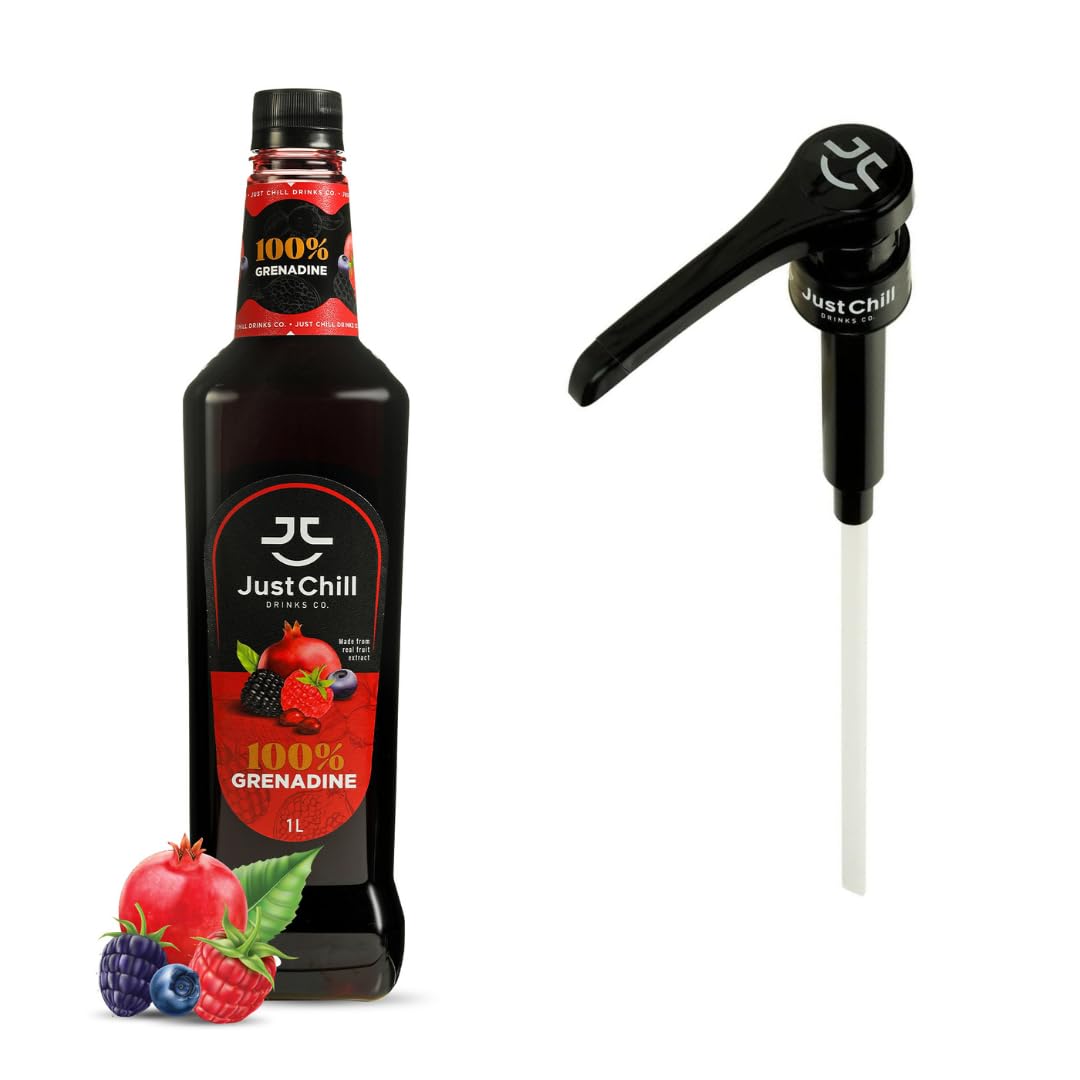 Just Chill Drinks Co. Grenadine Syrup, Made From 100% Real Fruit Extract, 1 Litre + Syrup Pump 10ml Combo