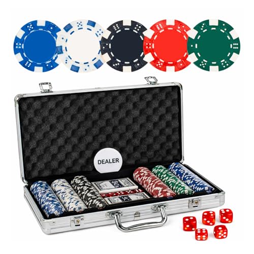 Image of WISHKEY for Adult Casino Style Poker Chips Set with A Aluminum Finish Case, 2 Decks of Card Game, 5 Dice, 1 Dealer Button (Classic Multiplayer Game) 300 Pcs