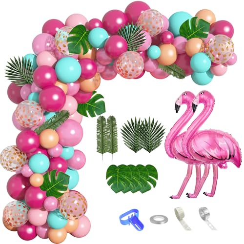 124Pcs Tropical Flamingo Balloon Arch Garland Kit 40" Flamingo Balloons Hot Pink Confetti Balloons Tropical Palm Leaves 4 Tools Hawaiian Luau Birthday Wedding Baby Shower Party Decorations Supplies by Ouddy Party - Used condition - US$9.55