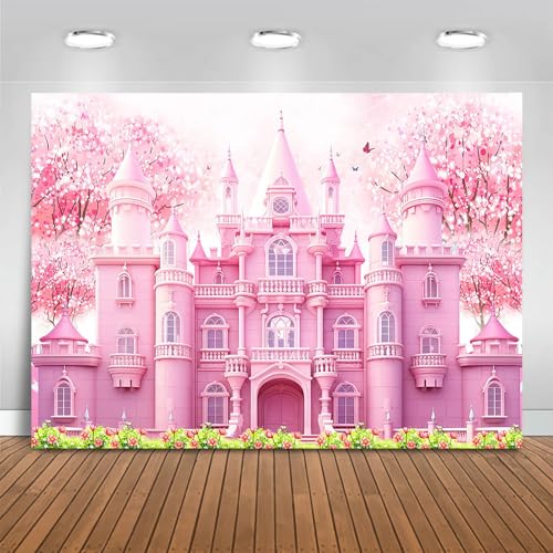 Fitumiw Princess Castle Backdrop 7x5ft Pink Castle Background Party Decorations for Girls Sakura Fairy Tale Girl Birthday Banner Photo Booth Props