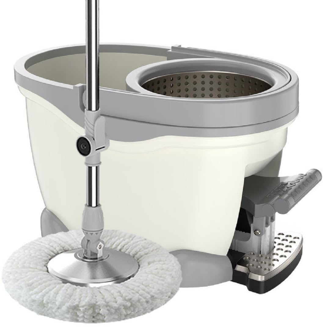 Juego De Cubo De Fregona para Suelos Giratoria, con Pedal Mango Telescópico 100-130 Cm, con 3 Cabezales De Microfibra Súper Absorbentes Fregona Giratoria 360º para Limpieza del Hogar,Blanca