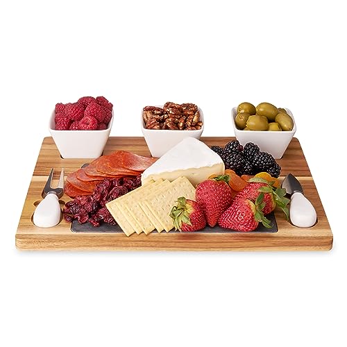 Twine Acacia & Slate Cheese Board Set - Charcuterie Board Bowls And Knives - Slate Cheese Tray Wood Cheese Board - 7-Piece Set Of 1, Brown