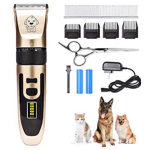 WOLFWILL Tondeuse Chien Chat Professionnelle Tondeuse Animaux Rechargeable Kit Tondeuse de Toilettage Silencieux sans Fil pour Poil Long Epais Court avec Quatre Peignes+Un Brosse Propre +Un Ciseaux