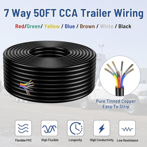 7 Way Trailer Wire – Heavy Duty 14 Gauge 7 Pin Trailer Wiring Harness Kit with Color-Coded PVC Jacket – Flexible 7 Conductor Insulated Cable for RV, Camper, Truck, Boat, Utility Trailers (50 Feet)