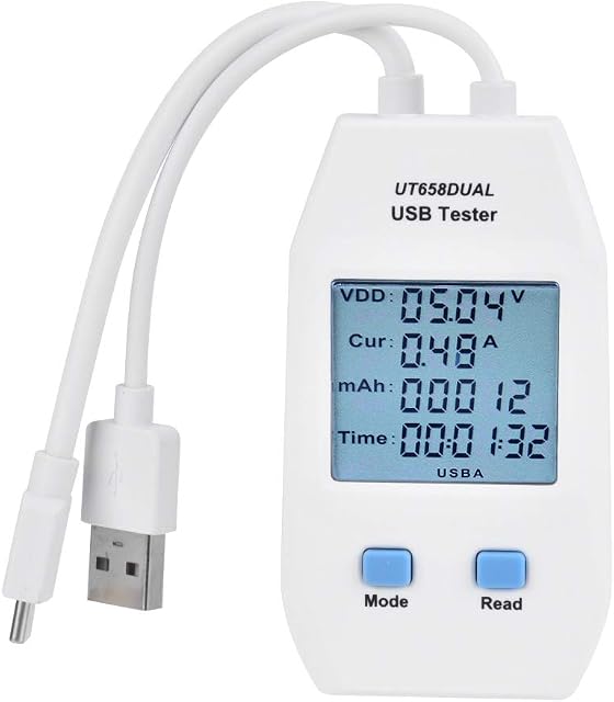 USB Meter, Mini USB Tester, Digital LCD Display Voltmeter Ammeter Detector, for Measuring USB Data Cable, Power Capacity Voltage, Current, Energy, Capacitance, D + and D-voltage(UT658A Dual)