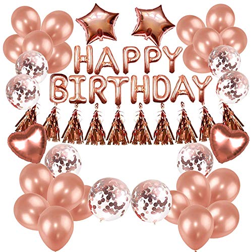 Cali Jade Rosegold Birthday Party Dekorationen Dekorationen, mit Happy Birthday Banner 32 Stück Konfetti Ballons Rosegold und 10 Stück Lametta Champagner Banner, Farbbandrolle & Klebepunkt Cover