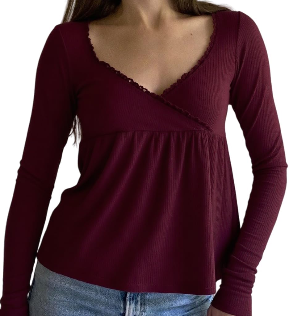 Women Y2k Square Neck Tops Long Sleeve Lace Patchwork Tee Shirts Vintage Aesthetic Slim Fit Tee Top