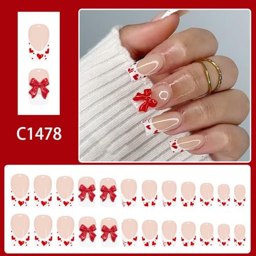 Image of White Press on Nails French Tip Fake Nails with Heart Design Medium Square Stick on Nail Glossy Full Cover Bow Glue on Nail for Women Girls Manicure 24Pcs
