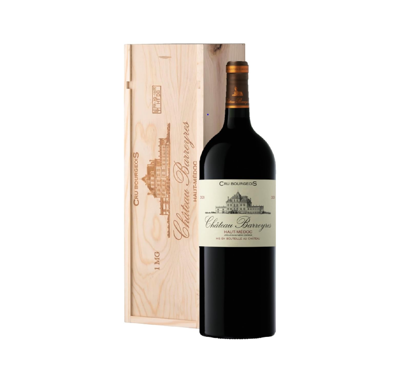 Pack Regalo Caja Madera MAGNUM Château Barreyres AOP Haut-Médoc Cru Bourgeois – Gran Vino Tinto Bordeaux – 1,5L – Magnum elegante, idea regalo prestigiosa