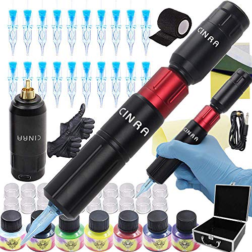 Tattoo Machine Pen Kit, CINRA Tattoo Cartridge Machine Pen Kit with Rotary Tattoo Machine Pen Wireless Tattoo Power Supply 7 Tattoo Ink 20pcs Tattoo Needles Cartridges for Tattoo Kits Supplies
