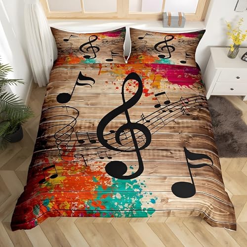 Música Disco Funda NóRdica 200x200cm, Vetas Madera Retro Negro Juego de Cama de 3 Piezas con 2 Fundas de Almohada 50x75 cm, Funda de Edredón de Microfibra con Cremallera y 4 Lazos en Las Esquinas