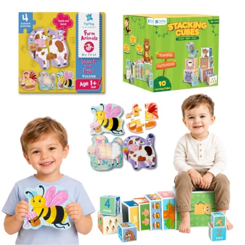 Image of PepPlay Toddler Learning Combo, Stacking and Nesting Cubes + Touch and Feel Farm Animal Puzzle, Montessori Educational Toys for 1 to 4 Year Old Kids, Travel, Early Learning Brain Development Gift Set