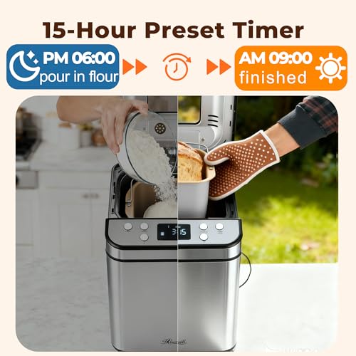 Image of Rosewill 25-in-1 Automatic Bread Maker Machine with 3 Loaf Size up to 2 Lb, 700W High Power Dual Heater Bread Maker with BPA-free Nonstick Coating Pan, Max 15 Hours Delay Timer, Low Noise - Silver