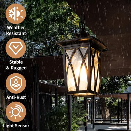 Image of JYZ Dusk to Dawn Outdoor Pendant Lantern, 12 Inch Craftsman Style Exterior Hanging Light with Water Ripple Glass, Traditional Outdoor Chandelier for Front Porch Patio Garden Gazebo Pergola