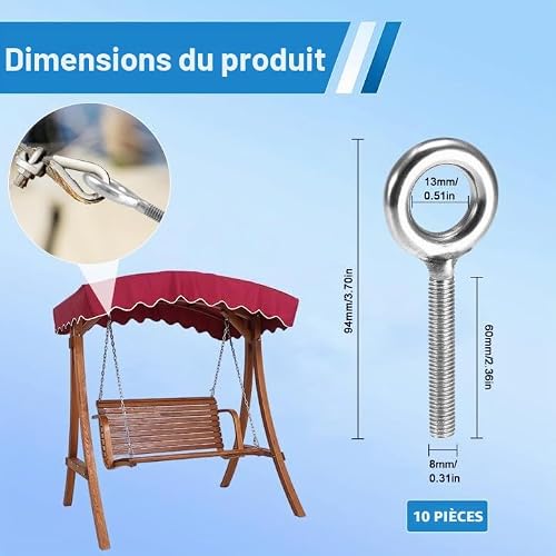 10 Pièces M8 Boulons Àœil Filetage Mâle, Vis Oeil Inox, Boulon À Oeil – vue 2