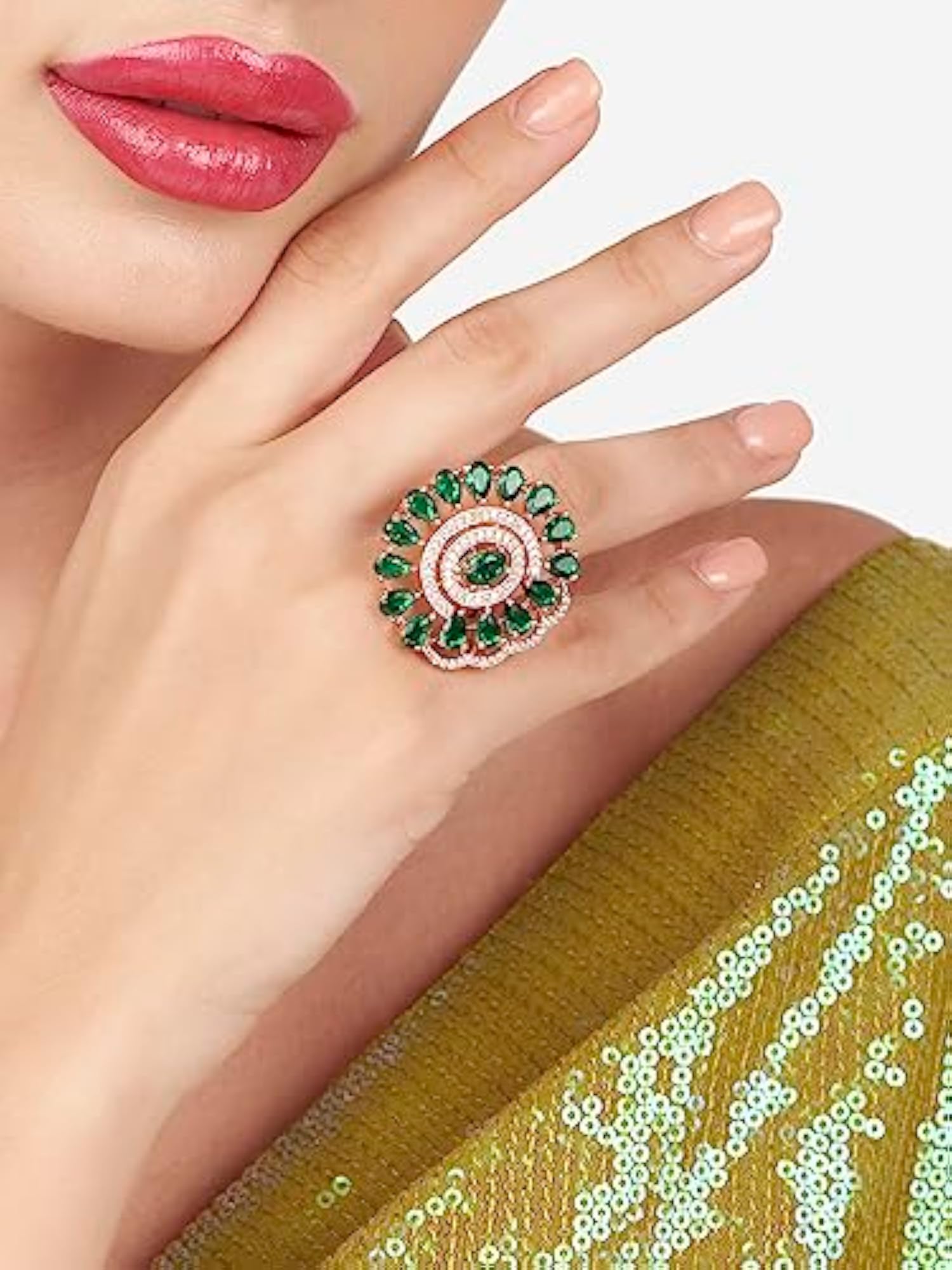 Women's Green Cubic Zirconia Contemporary Brass Adjustable Ring
