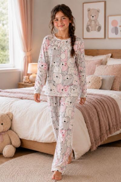 Image of TotzTouch Girls Printed Pyjama Set | Full Sleeve Top with Wide Leg Pyjama Pants | Stylish Cotton Co-Ord Nightwear Set for Kids