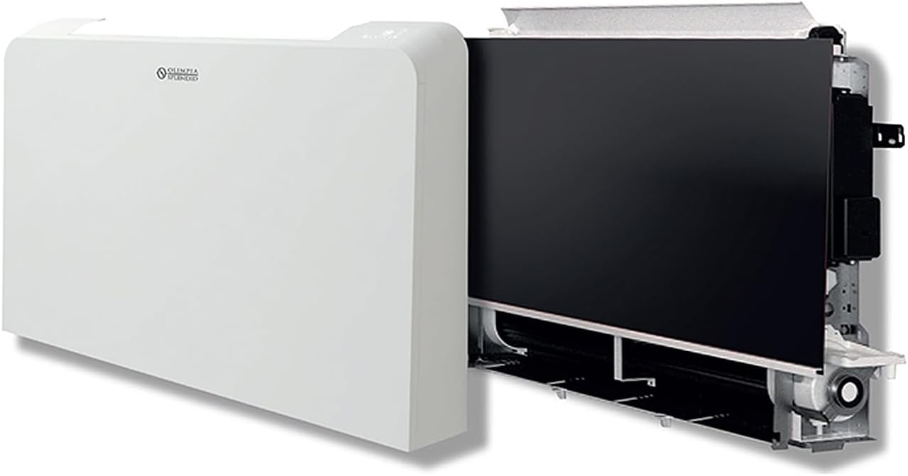 Olimpia Splendid BI2 SL AIR Inverter 800 DC fan coil unit with front panel removed, revealing internal components.