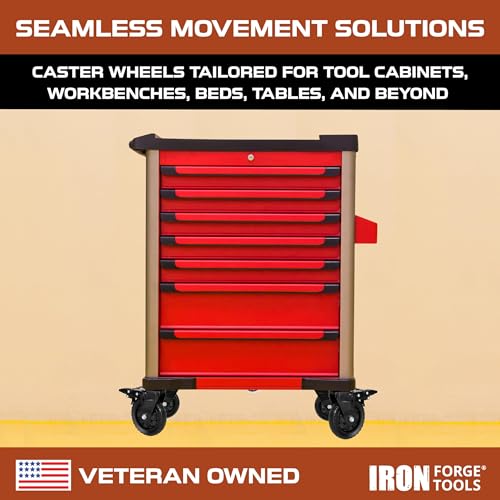 Image of Iron Forge Tools Heavy Duty Swivel Knobby Casters Set of 4, 6 inch Height, 5 inch Diameter, Solid PU Knobby Tread Heavy Duty Wheels, Swiveling Bases, Two Casters with Brakes, Two Without, Black & Black