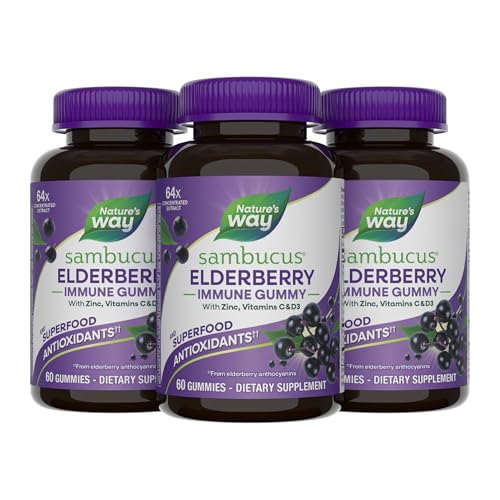 Nature’s Way Sambucus Elderberry Immune Support Gummies for Kids & Adults* with Black Elderberry Extract, Vitamin C, Vitamin D3, and Zinc, 60 Gummies (Set of 3)
