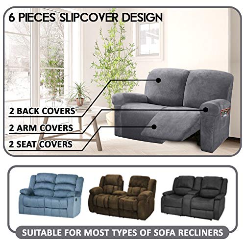 Ultimate Decor Reclining Love Seat Slipcover, 6-Piece Velvet Stretch Loveseat Reclining Sofa Covers, 2 seat Love seat Recliner Cover, Thick, Soft, Washable, Love seat Slipcovers (Dark Grey) - Thumbnail 2