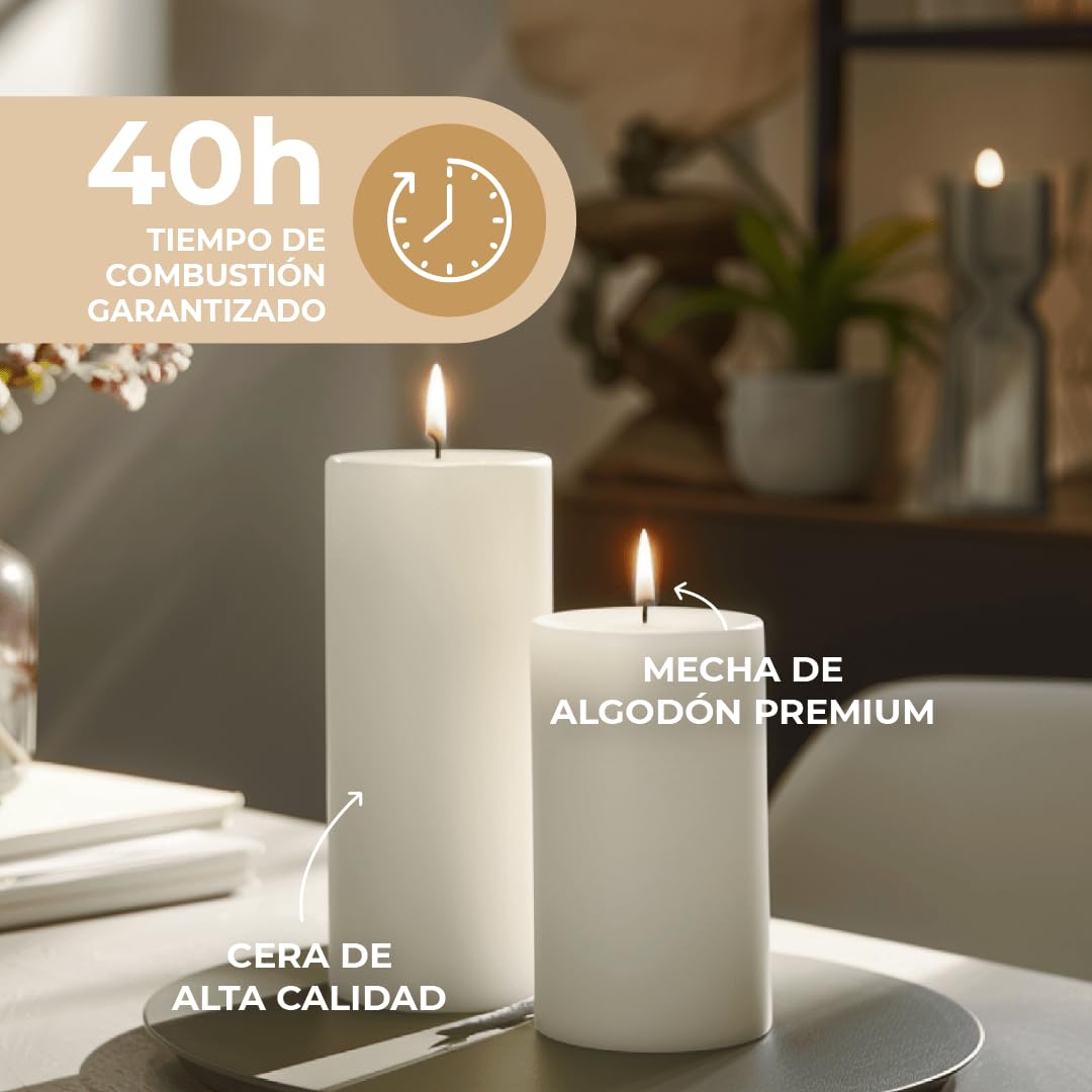 Horeca Candles - Velas de Pilar Marfil - Ø 6 x 12 cm - Juego de 12 Velones Decorativos - 40 Horas de Larga Duración - Sin Olor, Goteo ni Humo - Calidad RAL