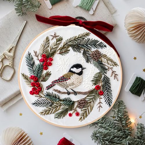 Image of Huacan Embroidery Kits for Adults Beginner DIY Cross Stitch Stamped Christmas Pattern Stitching Wreath Sewing Kit 1 Piece 7.8 x 7.8 Inch